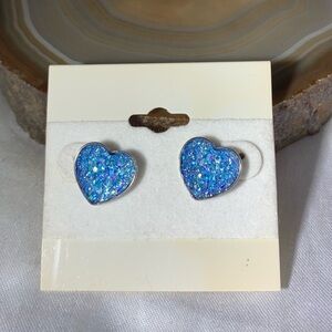 Sparkling Blue Glitter Heart Stud Earrings
